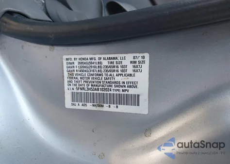 2010 Honda Odyssey Ex z USA, uszkodzony, nr VIN 5FNRL3H53AB102024